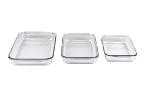LUC High Borosilicate Rect. Glass bakeware 3pc set 1600+2200+3000ml (29.5x17.6x5.1 / 34.6x20.6x5.2 / 39.3x23.6x5.2cm) b/4
