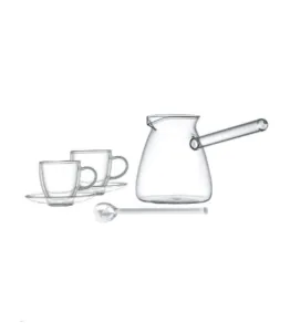 Luciano High Borosilicate 6PC Transparent Coffee Set (2xDouble Wall Cups 70ml and Saucers with 350ml Glass Kettle and Long Handle Glass Spoon)