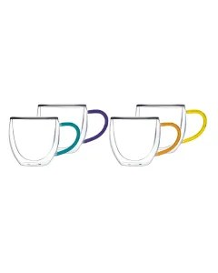 Luciano 90ml High Borosilicate Double Wall Glass 4PC Cup with Color Handles in Gift Box Set