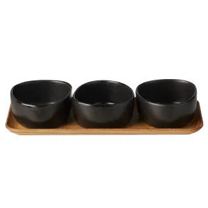 Set 3 Bowls on Teak Board Aida Raw Titanium Black