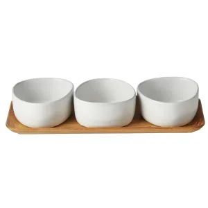 Set 3 Bowl on Teak Board Aida Raw Org Arctic White