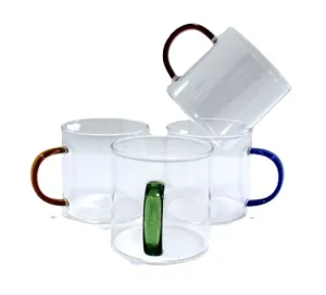 Luciano High Borosilicate Round Glass Cup set with color handles 4pc set 350ml