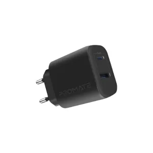 Promate Dual Port Fast Charger Usb-C / Usb-A  #Biplug-2.Eu-Black