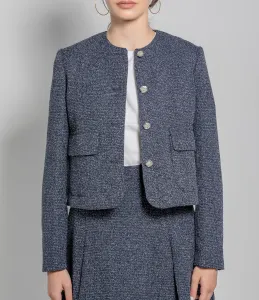 Short Tweed Jacket with a Round Neckline, Patch Pockets and Metal Buttons