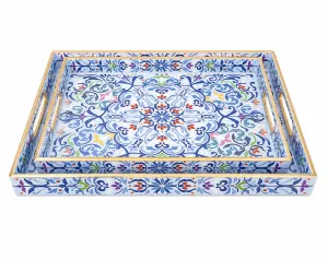 Set of 2 Plastic Rectangular Trays â€“ Blue Floral Design (35Ã—25 cm & 40Ã—30 cm)