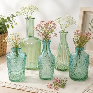 Set of 5 Decorative Glass Vases â€“ Green & Blue Mini Bottles