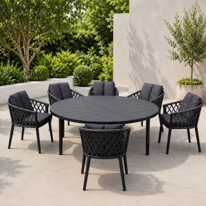 Modern Aluminum Outdoor Dining Set â€“ Round Table with 6 Woven Chairs