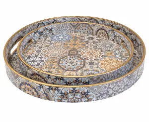 Set of 2 Plastic Round Trays â€“ Blue Patterned Design (32 cm & 37 cm)