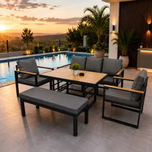 Outdoor Steel Lounge Set 3+1+1 with Table & Bench â€“ Pollywood Finish
