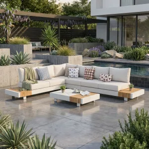 Modern Outdoor Corner Sofa Set Aluminum Frame Teak Accents 332 x 265 cm
