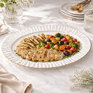 Porcelain Oval Serving Platter Ruffled Rim Gold Trim 48x33x5 cm