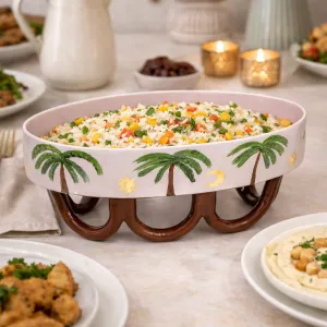 Handmade Ceramic Oval Serving Bowl Palm Design 36x20x16 cm
