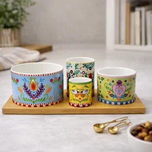 Appetizer Set with 4 Porcelain Bowls and Wood Tray, 29x13 cm