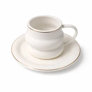 Porcelain Coffee Cups & Saucers Set, 6 Cups with Rim, White
