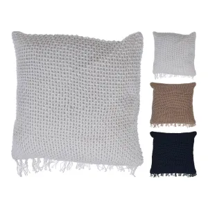 Cotton Knitted Cushion with Fringe, Solid Fawn, Zipper Closure