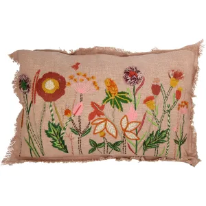Floral Cotton Lumbar Cushion with Fringes