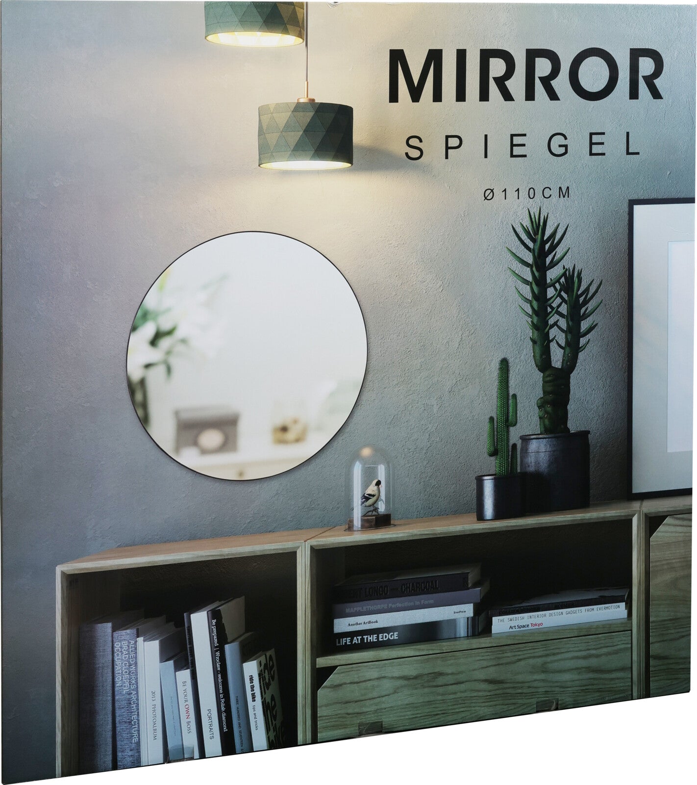 Round Wall Mirror with Black Minimalistic Frame, 110cm