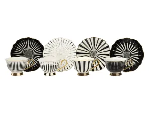 Porcelain Teacups with Saucers, Set of 4, Black and Gold Edging