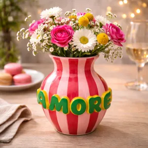 Polyresin Vase Pink with Green Stripes 18 x 19 x 22 cm