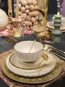 Bowl Porcelain Round Shiny Corolla Design w Gold Rim, White 15 cm