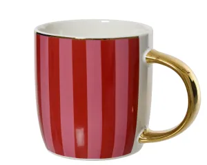 Mug Porcelain Decal Golden Details - Red & Pink Stripes, Gold Handle