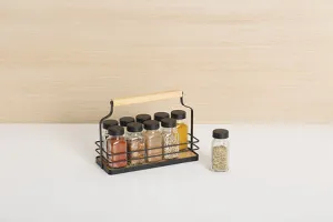10-Jar Spice Rack Glass Holder Metal with Bamboo Handle & Base