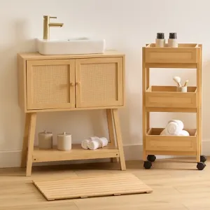 3-level cart Cane “ 3-Tier Wooden Trolley with Rattan Fronts, Casters