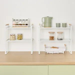 2-Tier Metal Shelf with Pine Handles “ Steel Countertop Rack