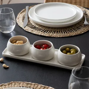 Nora 4-piece snack set - White Stoneware Appetizer Set, 3 Bowls + Tray