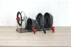 Extendable Rack for Pots and Pans “ Steel Organizer, Rubberwood Handles