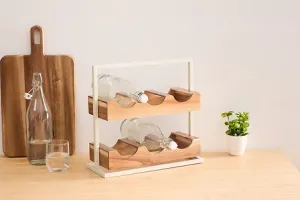 Rack for 6 Bottles - Acacia Wood & Beige Metal, 36 x 15 x 35 cm