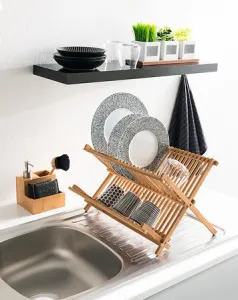 Bamboo Folding 2-Tier Drainer ” Foldable Bamboo Dish Rack, Countertop