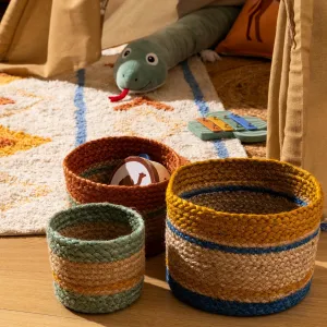 3 Jackson Baskets - Braided Jute Storage Set with Colorful Stripes
