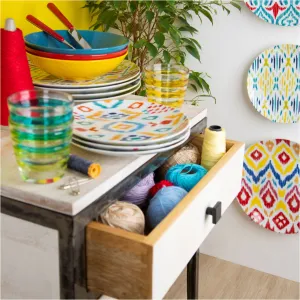 Ikat Dinner Set 18 Pcs - Colorful Ikat Pattern Plates & Bowls