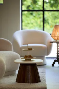 Okato Wood Side Table, Round Cream and Brown, 45x45x40 cm