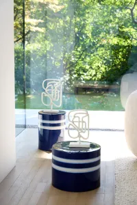 Ceramic Side Table Dark Blue With White Stripes, Round Glossy Finish