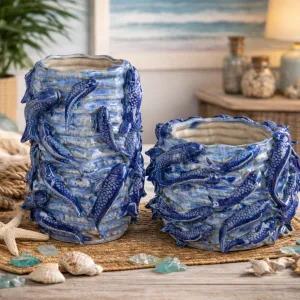 Planter Fishes Fine Earthenware Blue Flower Pot, Decorative Large Pot