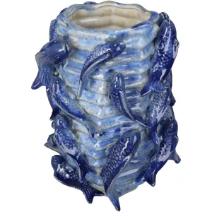 Planter Fishes Fine Earthenware Blue Flower Pot, Decorative Home Accent