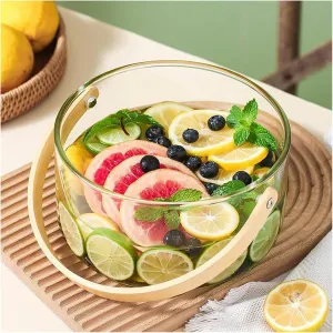 Glass Serving Bowl with Bamboo Handle, Durable Tabletop Fruit Basket