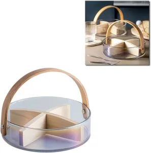Glass Bowl with Bamboo Handle, Removable Wooden Partition, 18 cm Serving Bowl