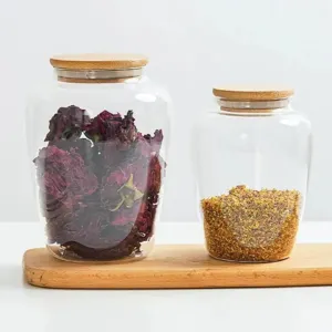 Glass Jar With Wooden Cover, Airtight Kitchen Storage Container