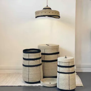 Set of 3 Primitive Baskets Natural Rushing Black Decorative Storage
