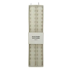 Set of 2 White Long Candles with Decorative Rings, Natural Wax, 25cm