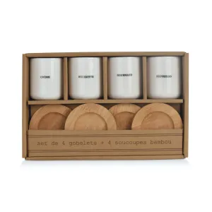 Set of 4 Writing Glasses with Bamboo Saucers, Porcelain Coffee Cups 100ml