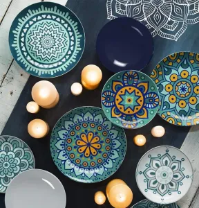 Mandala Mediterraneo Dinner Set 18 Pcs, Porcelain & Ceramic Plates, Blue Pattern