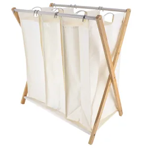 Laundry Basket 3 Compartments Bamboo Frame Removable Bags Organizer