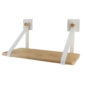 Bamboo Shelf with Leather, No-Drill Wall Mount, Modern Floating Shelf