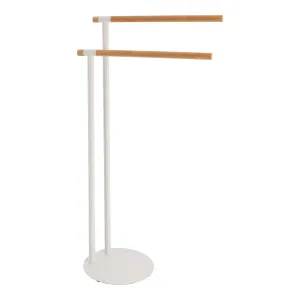 Metal Towel Rack with 2 Bamboo Bars, Freestanding Bathroom Organizer