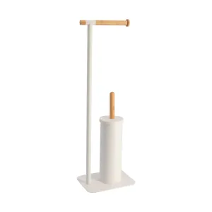 Metal & Bamboo Toilet Brush 2-in-1 Set with Roll Holder, Modern Bathroom Accessory