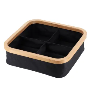 Foldable Square Storage Basket with 4 Compartments, Bamboo Trim, Polyester